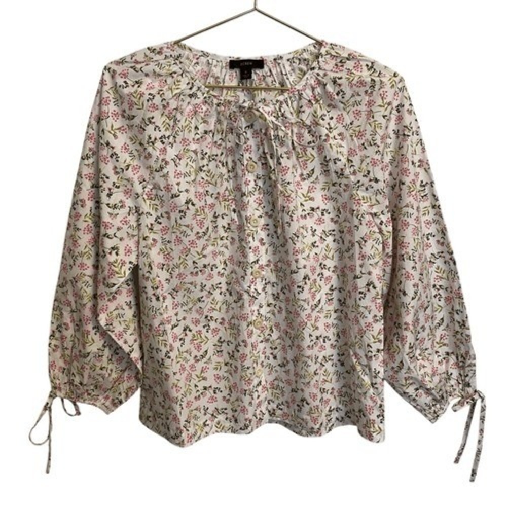 J.Crew Womens White Pink Floral Cotton Tie Neck 3/4 Sleeve Peasant Blouse Small